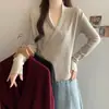 Suéter de punto ajustado de manga larga con cuello en V cruzado y fruncido en la cintura, estilo francés, nuevo para otoño, para mujer talla grande