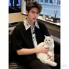 Camisa jacquard texturizada negra de dos piezas falsas de manga corta para hombre, atuendo de estilo coreano de verano, sensación de alta gama, chaqueta camisa de manga media