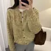 Cardigan de Tricô Suéter de Manga Longa Cor Pêssego Amarelo Design Único Gola Redonda Estilo Europeu para Mulheres Novo Tendência Outono e Inverno 2025