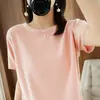 Camiseta de punto de manga corta de algodón puro de estilo nuevo de verano transfronteriza para mujer, jersey de cuello redondo, top holgado de manga corta con forma de diamante, 100% algodón