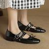 Zapatos Mary Jane Personalizados de Piel de Vaca con Remaches y Lazo Dulces y Salados Otoño 2025 Tacón Bajo Grueso Punta Cuadrada Zapatos de Piel Genuina para Mujer