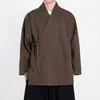 Casaco masculino estilo chinês com gola cruzada e amarração, novo cardigã solto estilo chinês com abotoamento diagonal, top casual retrô de lã inspirado no Zen