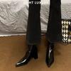 Botines de Charol de Tacón Alto para Mujer 2025 Otoño e Invierno Estilo Nuevo Botas Delgadas de Tacón Grueso Punta Fina Estilo Británico A media pantorrilla Botas Martin Adelgazantes