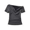 Estilo Deseo Puro Cuello de un Carácter Cuello Oscilante Camiseta de Manga Corta Verano Nuevo Estilo Combinación Total Ajustada con Pliegues Laterales Top Básico