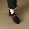 Mocasines franceses de primavera y otoño para mujer, con diamantes de imitación, punta redonda, tacón medio, piel gruesa, piel esmerilada, boca profunda, una sola capa, 2025