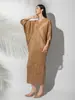 Vestido Outono Feminino 2025 Nova Moda Elegante Estampagem a Quente Manga Morcego Solto Tamanho Grande Longo Justo ao Corpo Saia