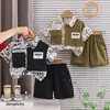 2026 Verano Nuevo Conjunto de Tres Piezas con Camisa de Trabajo de Manga Corta y Cuello Campana para Niños Conjunto de Shorts Deportivos para Bebé Venta al por Mayor