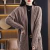 Abrigo de punto de lana para mujer, otoño e invierno, primavera 23, suéter holgado de lana a rayas con bloques de color, cárdigan largo
