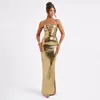 Roupas Femininas Sexy Europeias e Americanas Amazon Novo Vestido Vestido Longo com Alça de Lantejoulas Metálicas Comércio Exterior Vestido de Cor Sólida