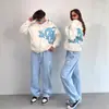 Cardigã com Capuz Moletom Estilo Streetwear Europeu e Americano 2025 Estampa de Letras Casual Solto Masculino e Feminino
