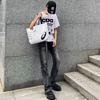 Jeans Lavado Preto Versátil Americano para Homens, Corte Reto Slim, Alta Elasticidade, Levemente Flare, Calça Emagrecedora