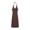 Estilo Nuevo Primavera y Verano Cuello Francés Cuello Halter Cintura Ceñida Diseño Adelgazante Vestido de Tirantes para Mujer Falda de Longitud Media Marrón Morado