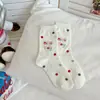 Meias brancas de desenho animado primavera e outono malha respirável cano fino meias fofas cereja gatinho estilo menina meias de cano alto