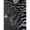 Camiseta listrada de gola redonda e manga longa, unissex, estilo outono, retrô americano, modelagem solta, casual, moderna e versátil