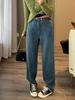 Lã de Lince Premium! Jeans Feminino Quente com Forro de Fleece, Calças Skinny Wide-Leg, Cintura Alta, Alonga as Pernas, Azul Vintage