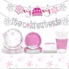 Mm254 Navidad Árbol de Navidad Copo de Nieve Rosa Vajilla para Fiesta 8 Personas Set de 4 Piezas Plato de Papel Servilleta de Papel Vaso de Papel