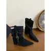 Botines de punta con hebilla estilo coreano First Encounter Season para mujer, nueva colección otoño 2026, tacón grueso, adelgazantes, botas de jinete plisadas