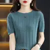 Verão Novo Estilo Algodão Puro Gola Redonda Vazado Manga Curta Design Versátil Camiseta Simples e Elegante Malha Vazada Atacado
