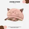 Gorra Octagonal de Estilo Japonés con Orejas de Gato a Cuadros Linda para Niñas, Cuadros Patchwork de Primavera y Otoño, Hace que la Cara Parezca Más Pequeña, Gorra de Boina Versátil