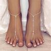 Moda Estilo Playa Océano Estrella de Mar Brillante con Pedrería Perla Tobillera Elástica Joyería para el Pie de Cristal Azul Mujeres