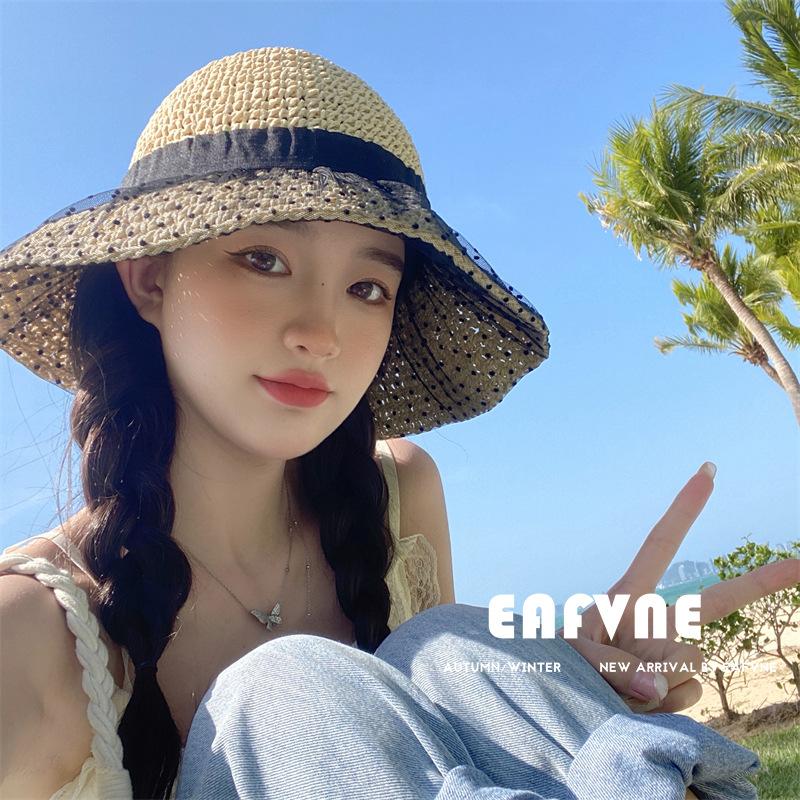 法式洋气波点网纱镂空渔夫帽遮阳帽子女草帽盆帽度假旅行水桶帽