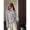 Camiseta de Manga Larga a Rayas Bloque de Color Suave y Pegajosa, Relajada, Capa Base para Mujer, Otoño/Invierno, Nuevo H092804