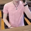 2026 Nueva Camiseta de Hielo Transpirable Fresca de Manga Corta a Cuadros Transfronteriza para Hombre Camiseta Base de Cuello Redondo de Moda