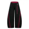 Calças casuais estilo americano, listradas, color block, interior vermelho, bainha dupla curva, unissex, estilosas, modelagem solta, calças largas casuais