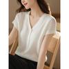 Camisa de manga corta con hombros descubiertos de punto blanco con diseño de temperamento de verano 2025 para mujer