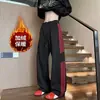 Coleção outono e inverno: calça de moletom casual larga de peso pesado com três listras para homens e adolescentes, corte solto, forrada com fleece, estilo perna reta, moderna