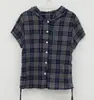 Camisa a Cuadros Chic Casual para el Trabajo con Capucha, Cordones, Un Botón y Dobladillo Plisado
