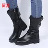 En stock Otoño e Invierno 2026 Nuevo Comercio Exterior Talla Grande Tacón Bajo Hebilla de Cuero Desgastado Botas para Mujer Estilo Europeo y Americano Botas de Cuero
