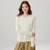 Suéter de cachemira 100% pura em estilo minimalista para outono e inverno para mulheres, gola redonda, acabamento em renda, cardigã com botões, blusa de tricô afunilada