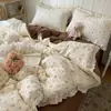 Estilo Coreano Super Macio Jacquard Algodão Puro Algodão Fofo Renda Roupa de Cama Conjunto de Quatro Peças Lençol de Cama Delicado Capa de Edredom Conjunto de Três Peças para Estudante