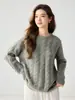 Suéter feminino de cashmere com gola redonda, tricô grosso em trança, outono e inverno, solto, macio, top base de malha