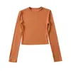 Ombigo Pequeno Gola Fio Faixa de Buraco Manga Longa Slim Fit Curto Cintura Alta Cor Sólida Camisa Básica Feminina Camiseta Top