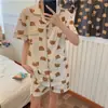 Pijama de Algodão Bolha Novo Estilo Cardigã Feminino Verão Calça Manga Curta Estilo Popular do Instagram Tecido Amassado Conjunto Estudante Roupas de Casa