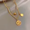 Collar de Acero de Titanio con Cuentas de Cara Sonriente de Doble Capa para Mujer, Cadena Clavicular de Lujo Ligero de Nicho, Cadena de Cuello Elegante de Celebridad de Internet, Cadena para Sudadera