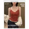 Colete Quente Vermelho Ano Novo Ano do Zodíaco para Mulheres com Bojos, Camisola Sexy de Renda Estilo Francês Slim-Fit Camada Base