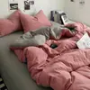 Conjunto de Roupa de Cama Estilo Ins de Quatro Peças, Cor Sólida, Grau A Materno e Infantil, Adequado para Dormir Nu, Lençol de Cama de Algodão Puro Lavado de Quatro Peças, Capa de Edredom, Lençol com Elástico, Luxo Leve