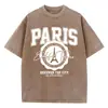 Camiseta Informal Transfronteriza para Mujer Lavado Ácido Camiseta con Estampado Ciudad Descubrimiento París Algodón Desgastado Manga Corta Moderna Negra para Mujer