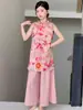 Conjunto de pantalones anchos sin mangas para niñas de verano 26 nueva ropa infantil para niñas nuevo estilo chino estilo nacional cheongsam conjunto de dos piezas