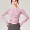 Top de Yoga Ligero de Punto Sin Costuras con Hombros Normales, Corte Ajustado, Elástico, Camiseta de Manga Larga para Mujer