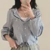 Camisa Casual Holgada Versátil de Manga Larga Azul Rayas Primavera y Otoño Nuevo Estilo Top Camisa Chaqueta con Capucha Protectora del Sol para Mujer