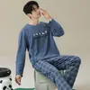 Pijama de Hombre Nuevo de Primavera y Otoño Transfronterizo de Manga Larga Cuello Redondo Holgado Estilo Coreano Talla Grande Ropa Deportiva Portátil para el Hogar Conjunto