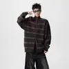 Suéter tejido a rayas retro con cuello alto y patchwork para hombre, suéter casual holgado estilo americano de otoño, chaqueta versátil de punto abierto holgada