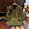 Top Qipao de Otoño con Incrustaciones de Encaje, Mangas Anchas, Mangas Tres Cuartos, Cuello Diagonal Elástico, Camisa Abotonada, Mangas Anchas Estilo Chino