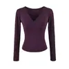 Camiseta pura e atraente com decote V profundo e baixo, manga longa, para mulheres, primavera e outono, justa, modeladora, top rosa curto