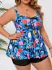 2026 Nuevo Traje de Baño Cruzado Europeo y Americano de Talla Grande con Estampado de Flores y Hojas, Dividido, Conservador, Aspecto Adelgazante, Cintura Alta, Boxer Briefs para Mujeres