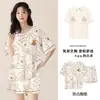Pijama de verano para mujer con almohadilla para el pecho, 100% algodón, manga corta, pantalones cortos, algodón puro, fino, verano, dibujos animados, ropa para el hogar, traje